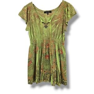 B.L.E.U. Green Floral Paisley Print Top Womens Size Medium Short Sleeve‎ Y2k